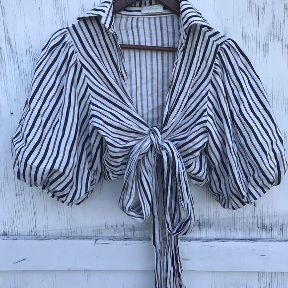 Petersyn Cellini Linen Blouse in Desert  Stripe size Xs Puff Sleeve Wrap Top - Picture 3 of 11